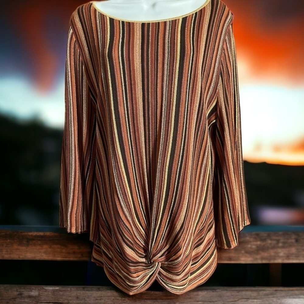 Ruby Rd. Women's L Multicolor Striped Long Sleeve Twist Detail Top Round Neck